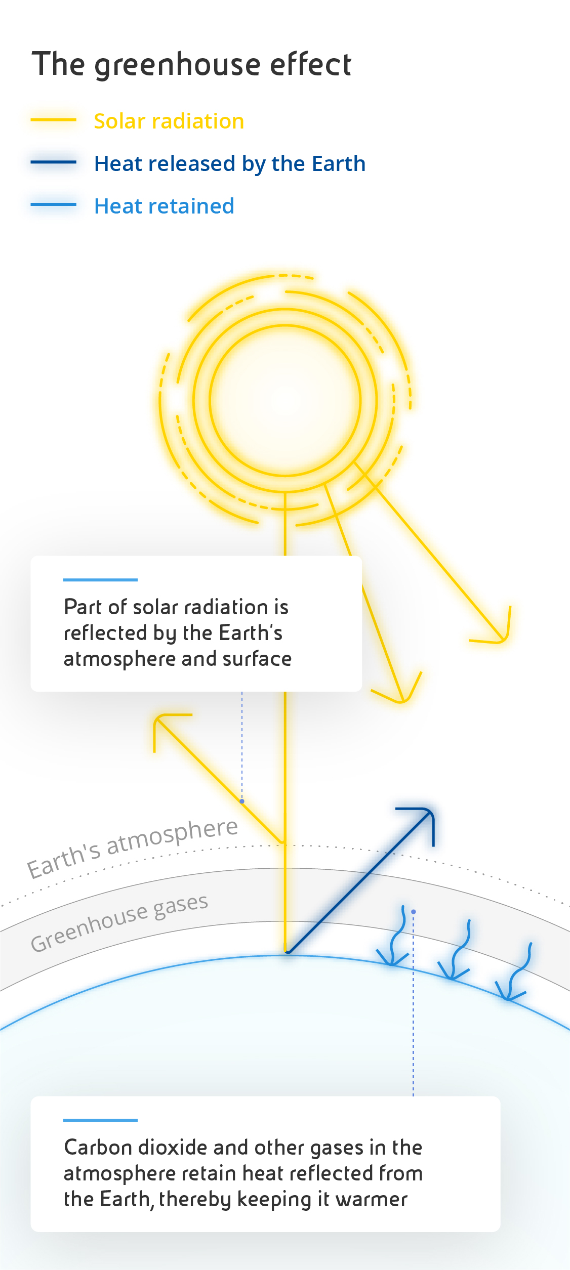 Infographic summarising the phenomenon that regulates the planet's temperature: the greenhouse effect. The main elements are solar radiation, heat emitted by the earth and retained heat.