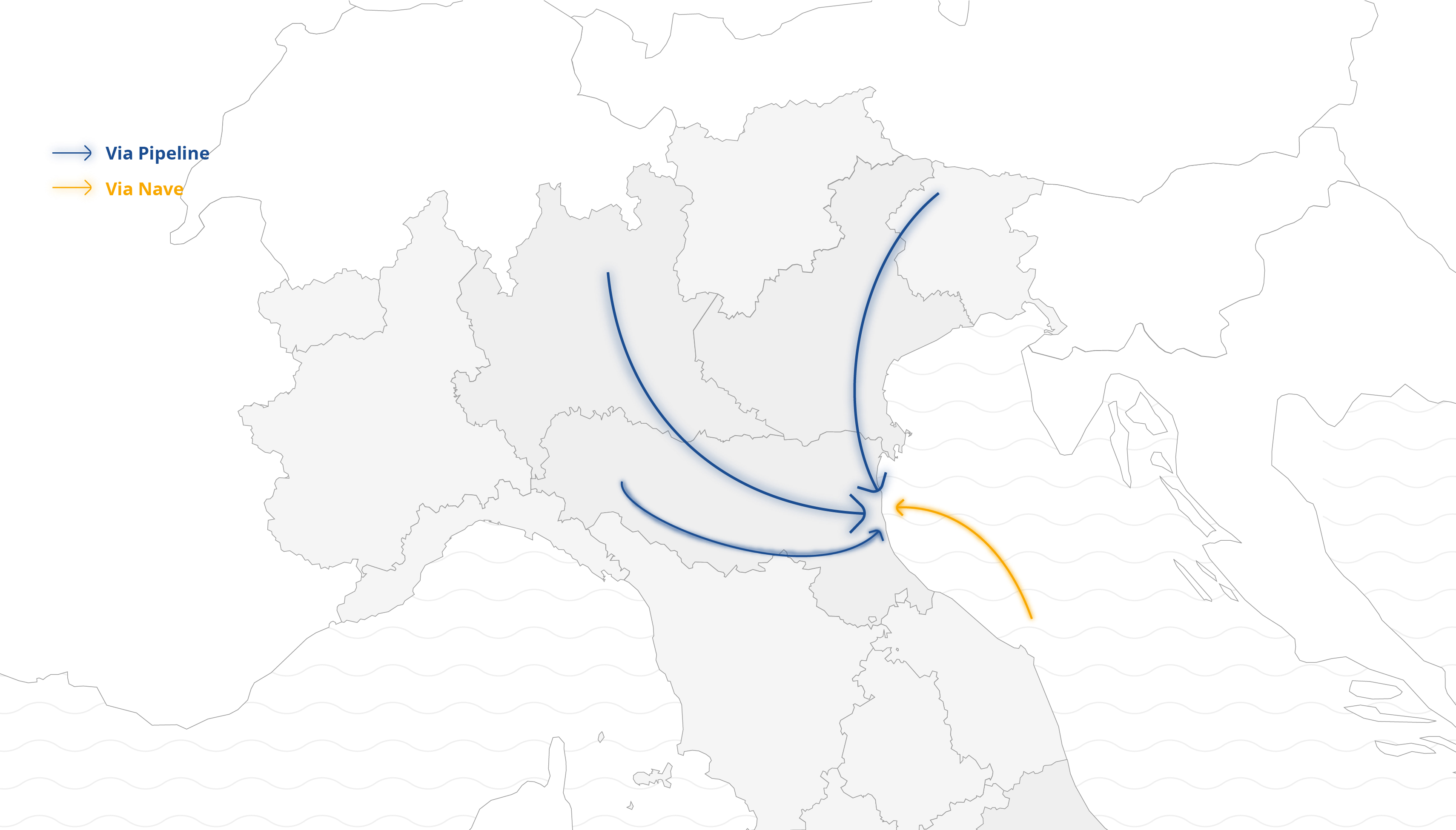 Cartina nord italia con indicazione delle rotte dei trasporti: due via pipe dal nord italia verso Ravenna, una via nave dal sud che converge verso Ravenna