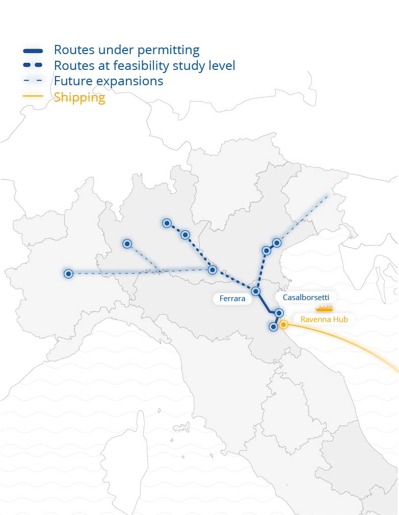 Northern Italy map showing transport routes: two pipe routes from northern Italy to Ravenna, one ship route from the south converging on Ravenna