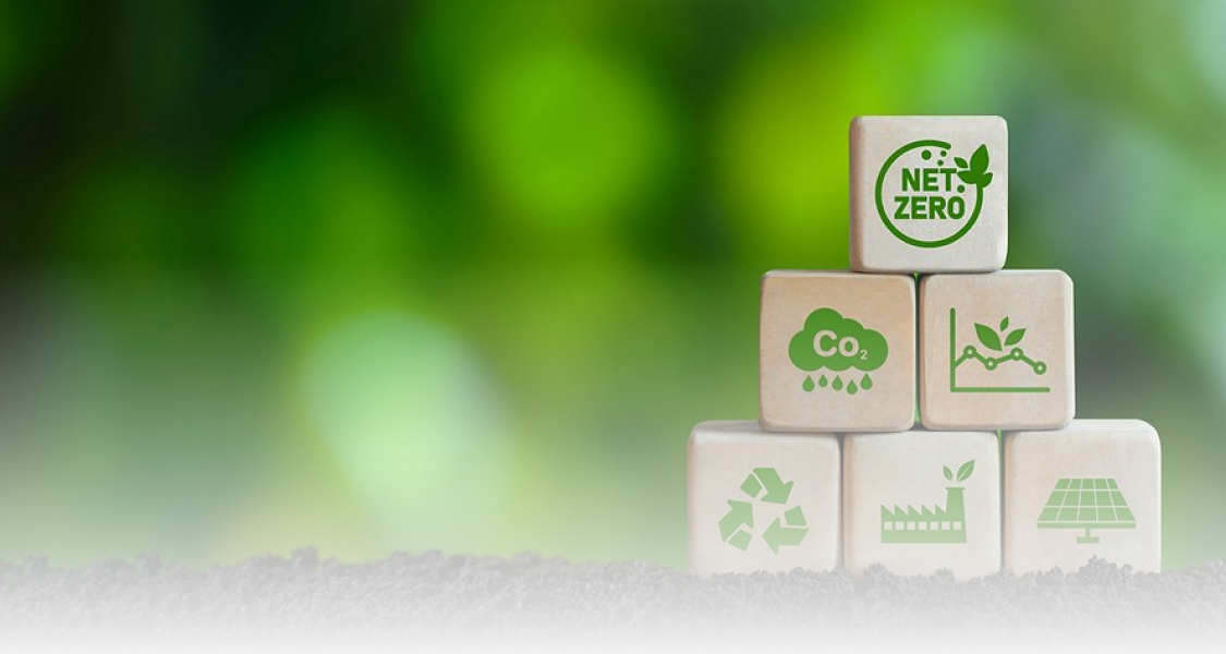 Image of cubes with icons representing net zero, CO₂ capture, environmental benefit, circular economy, industry and renewables.