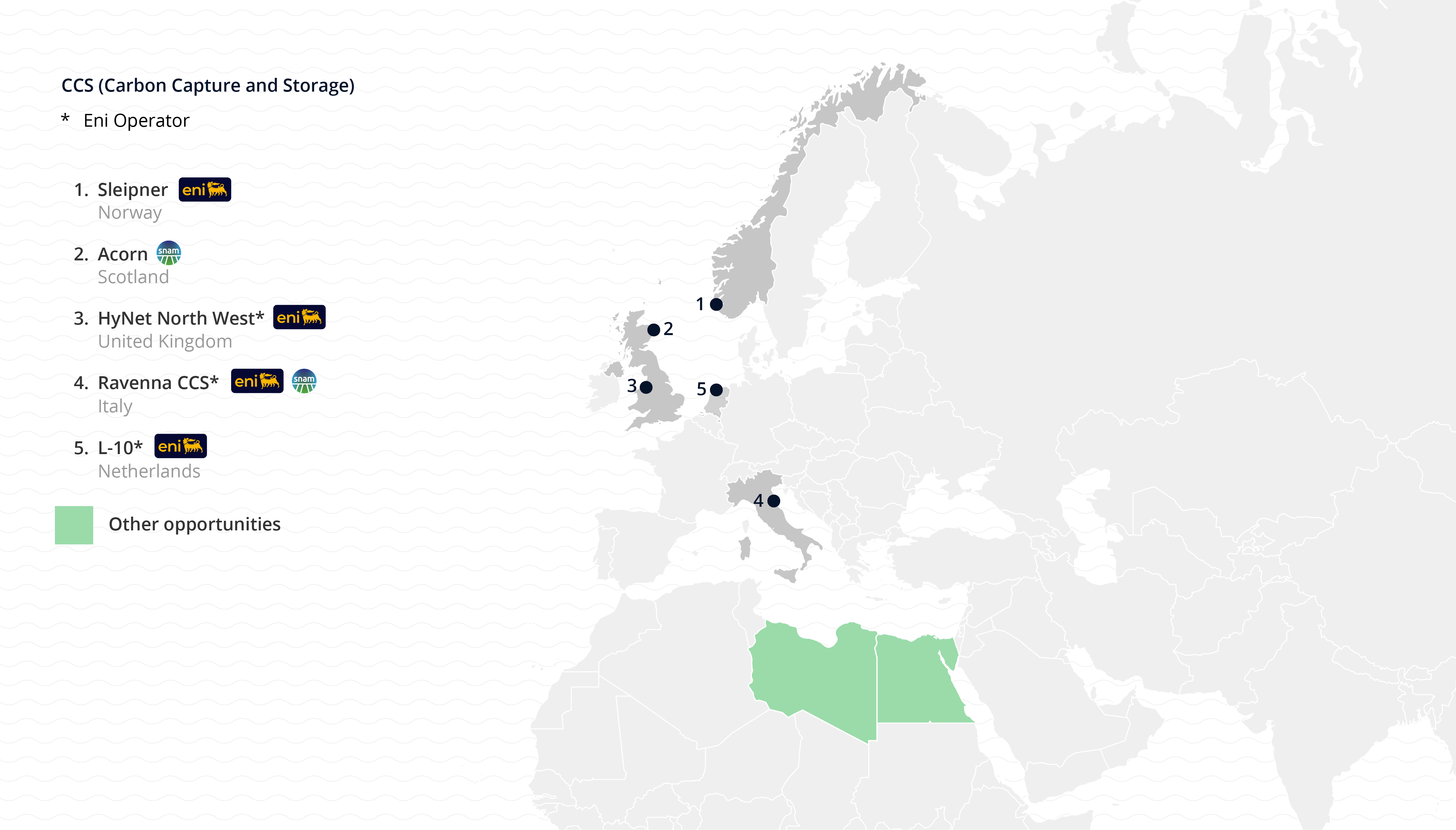 Map showing locations in Italy and abroad where the following CCS projects are located: Ravenna Hub CCS in Italy, HyNet North west in the UK, Acorn in Scotland and Sleipner in Norway. Some countries in North Africa, Ireland, the Netherlands and Belgium are highlighted. 