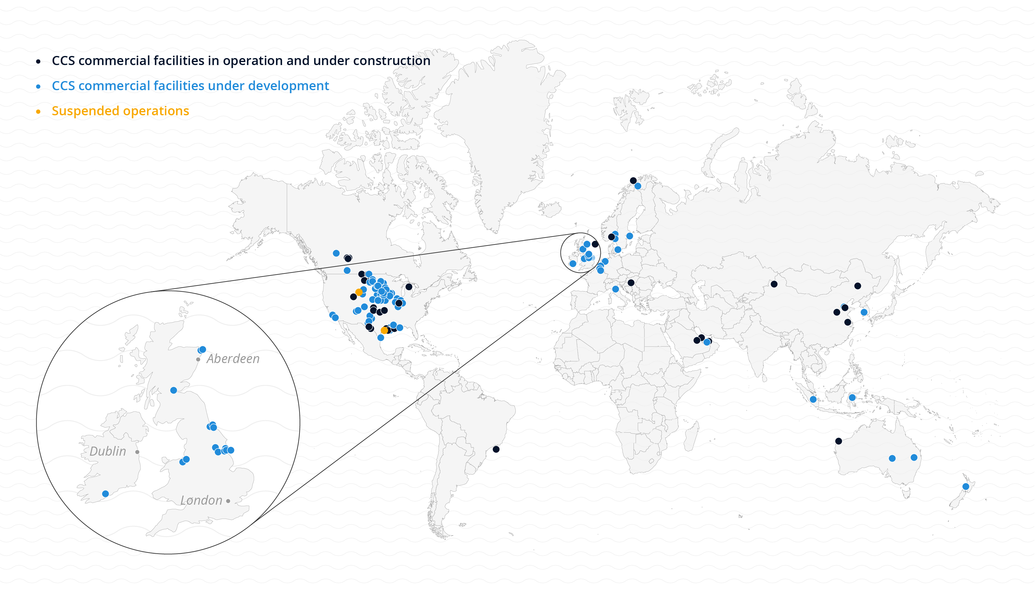 World map shows the global spread of commercial CCS facilities in operation, under construction, under development, and suspended CCS operations.