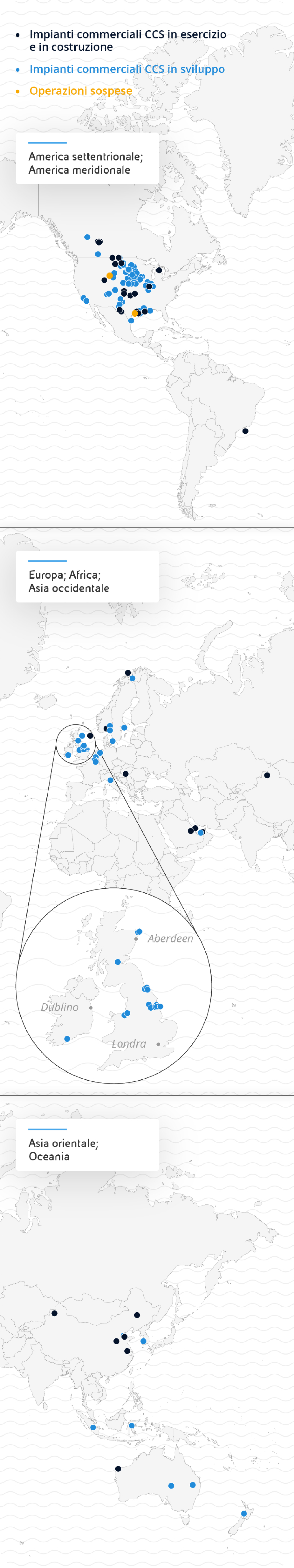 Cartina del mondo mostra la diffusione a livello globale degli impianti commerciali CCS in esercizio, in costruzione, in sviluppo, nonché le operazioni relative alla CCS sospese.