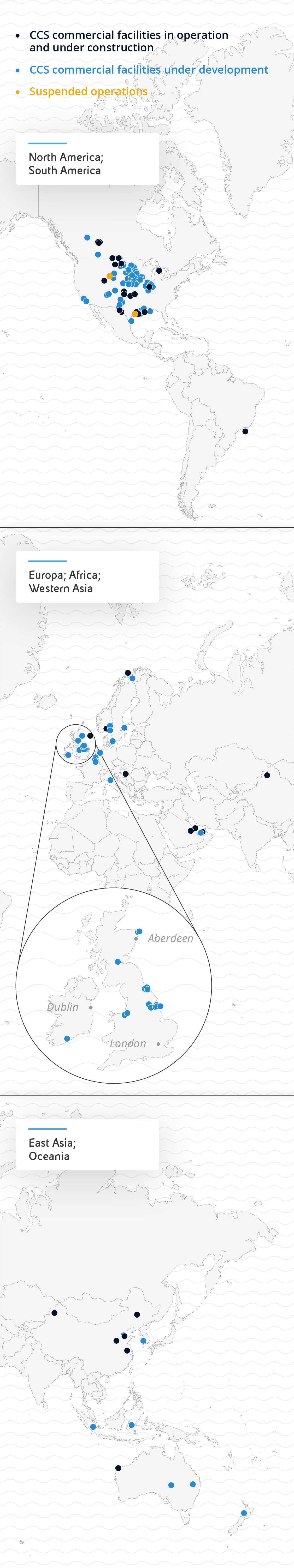 World map shows the global spread of commercial CCS facilities in operation, under construction, under development, and suspended CCS operations.