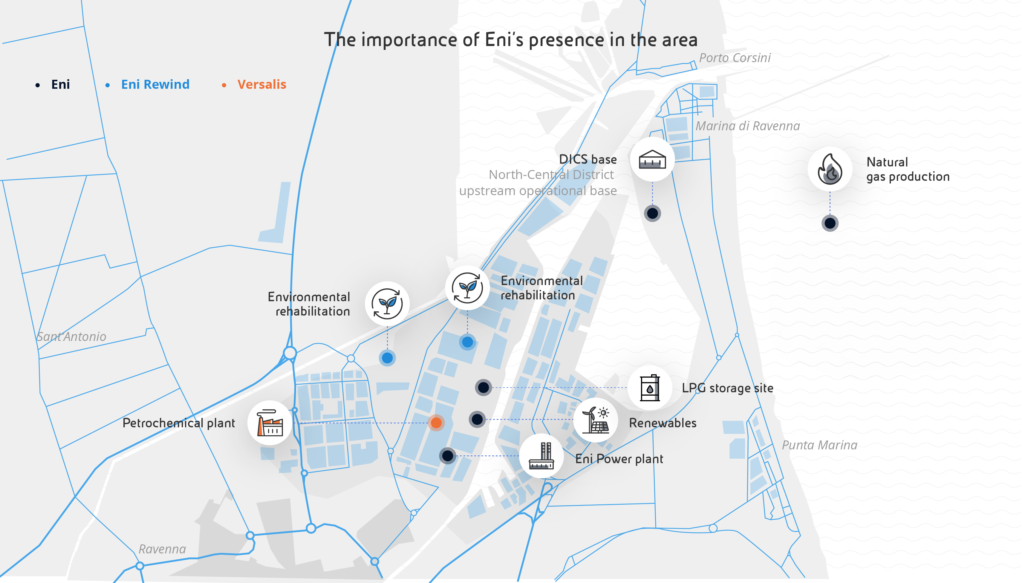 The importance of Eni's presence in the area: the map shows the Ravenna district where the following Eni activities take place: DICS Base, Enipower Power Plant, Renewables and LPG Depot, Natural Gas Production. Eni Rewind environmental redevelopment activities and Versalis petrochemical plant