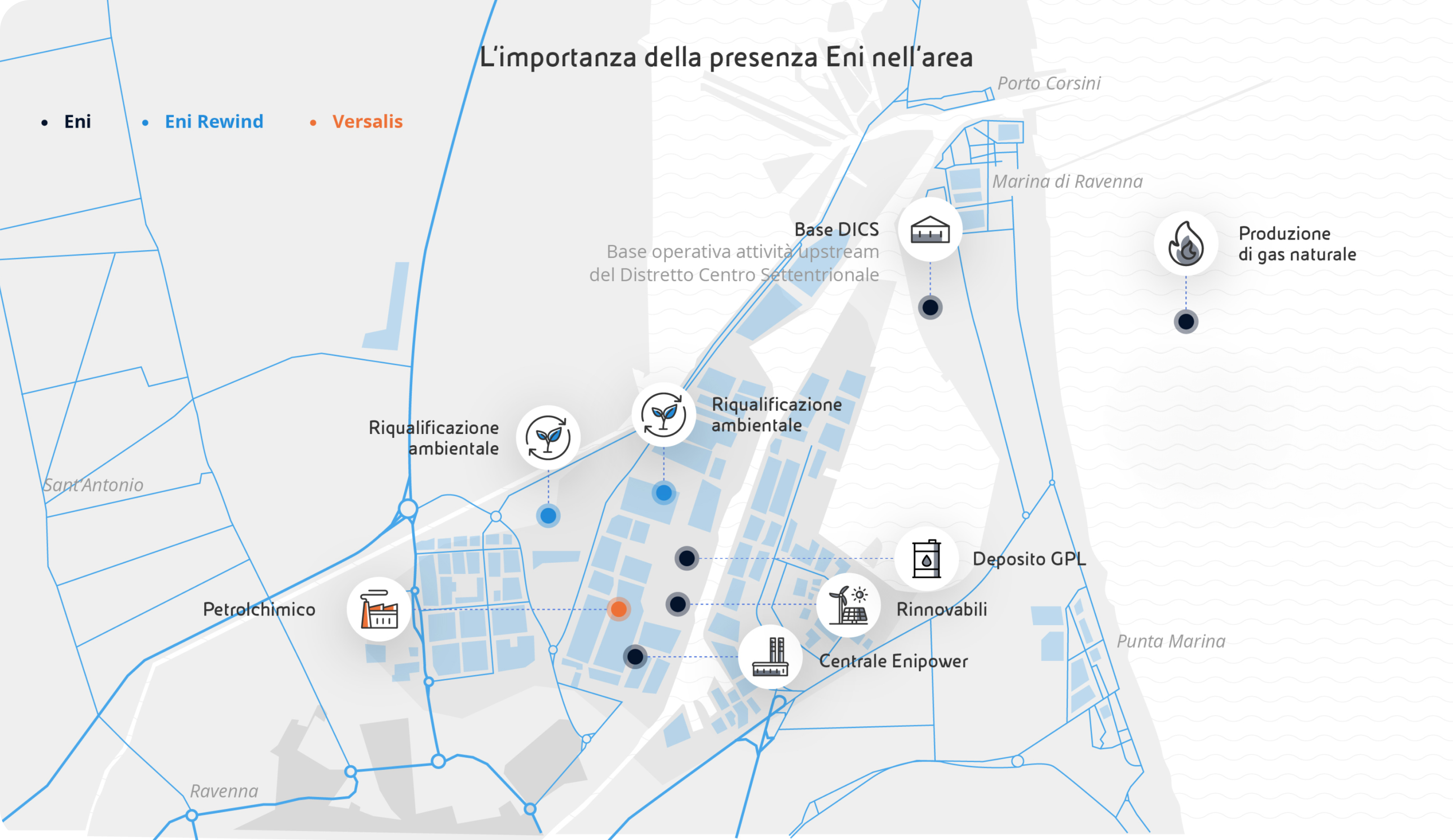 L’importanza della presenza Eni nell’area: la cartina mostra il distretto di Ravenna in cui sono presente le attività Eni: Base DICS, Centrale Enipower, Rinnovabili e Deposito GPL, Produzione di gas naturale. Attività di Eni Rewind di riqualificazione ambientale e Versalis stabilimento Petrolchimico.