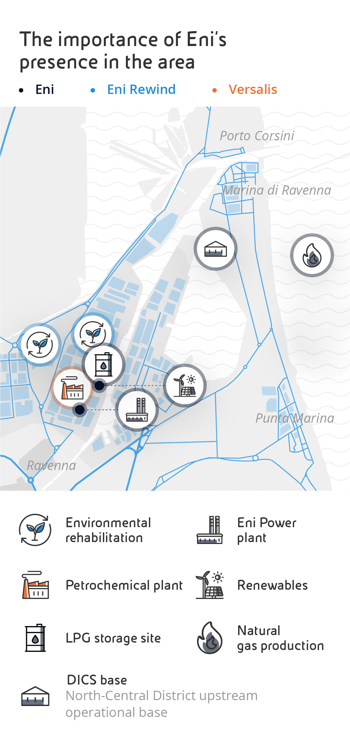 The importance of Eni's presence in the area: the map shows the Ravenna district where the following Eni activities take place: DICS Base, Enipower Power Plant, Renewables and LPG Depot, Natural Gas Production. Eni Rewind environmental redevelopment activities and Versalis petrochemical plant