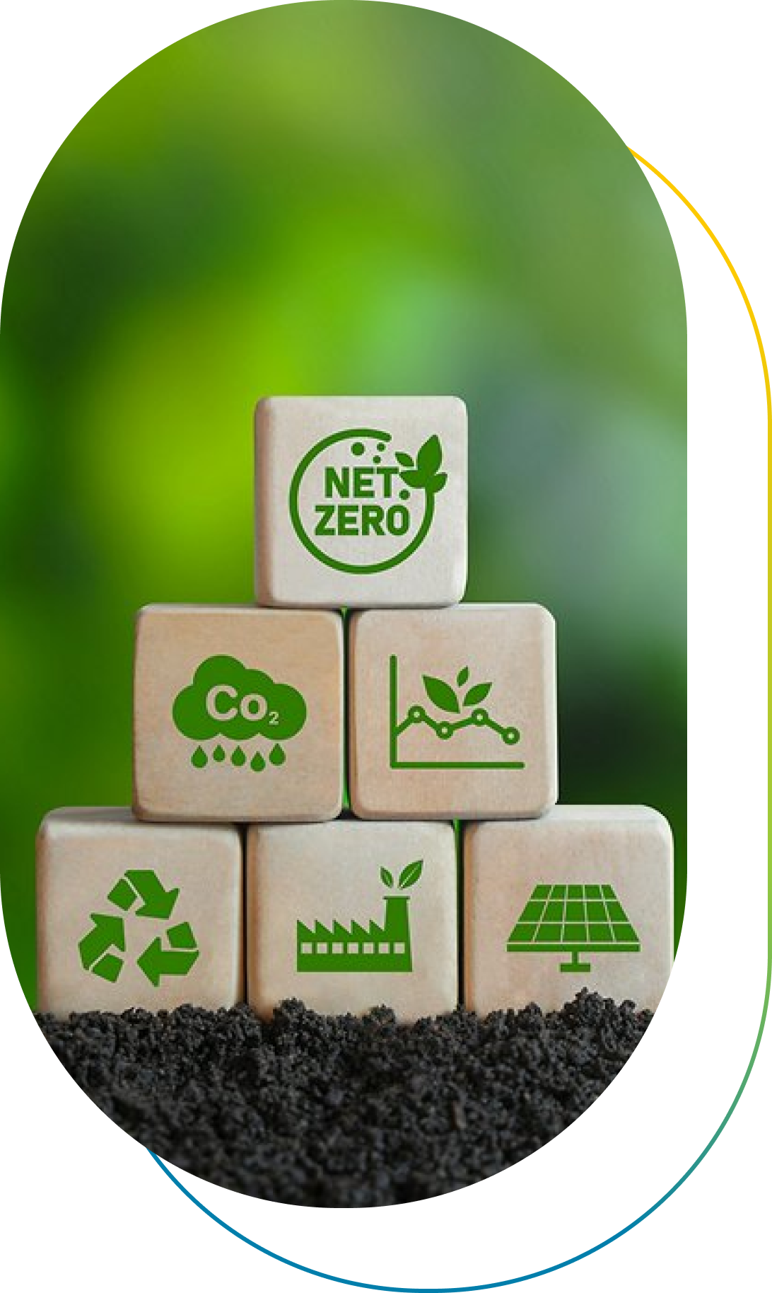 Image of cubes with icons representing net zero, CO₂ capture, environmental benefit, circular economy, industry and renewables.