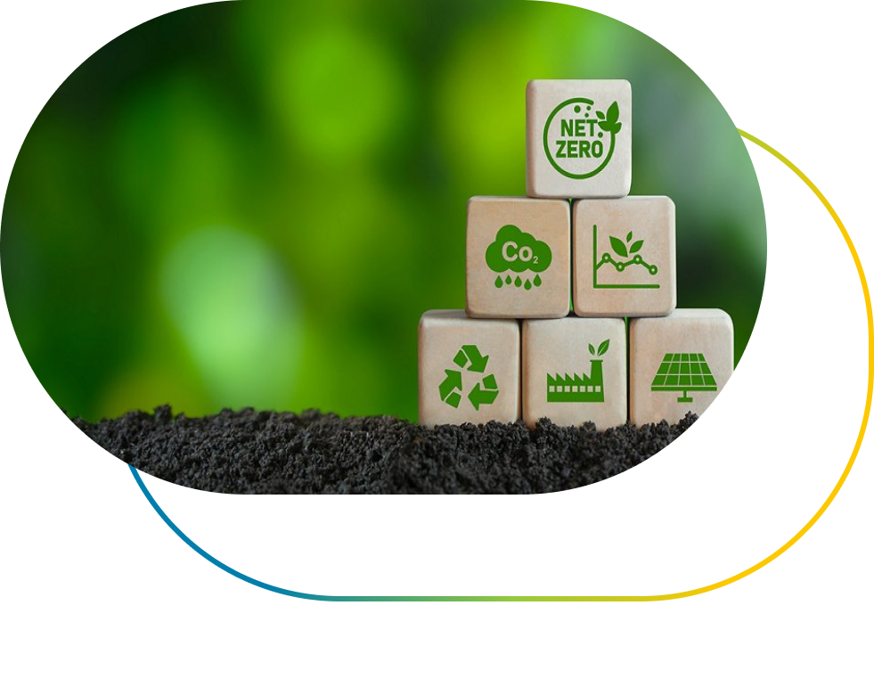 Image of cubes with icons representing net zero, CO₂ capture, environmental benefit, circular economy, industry and renewables.