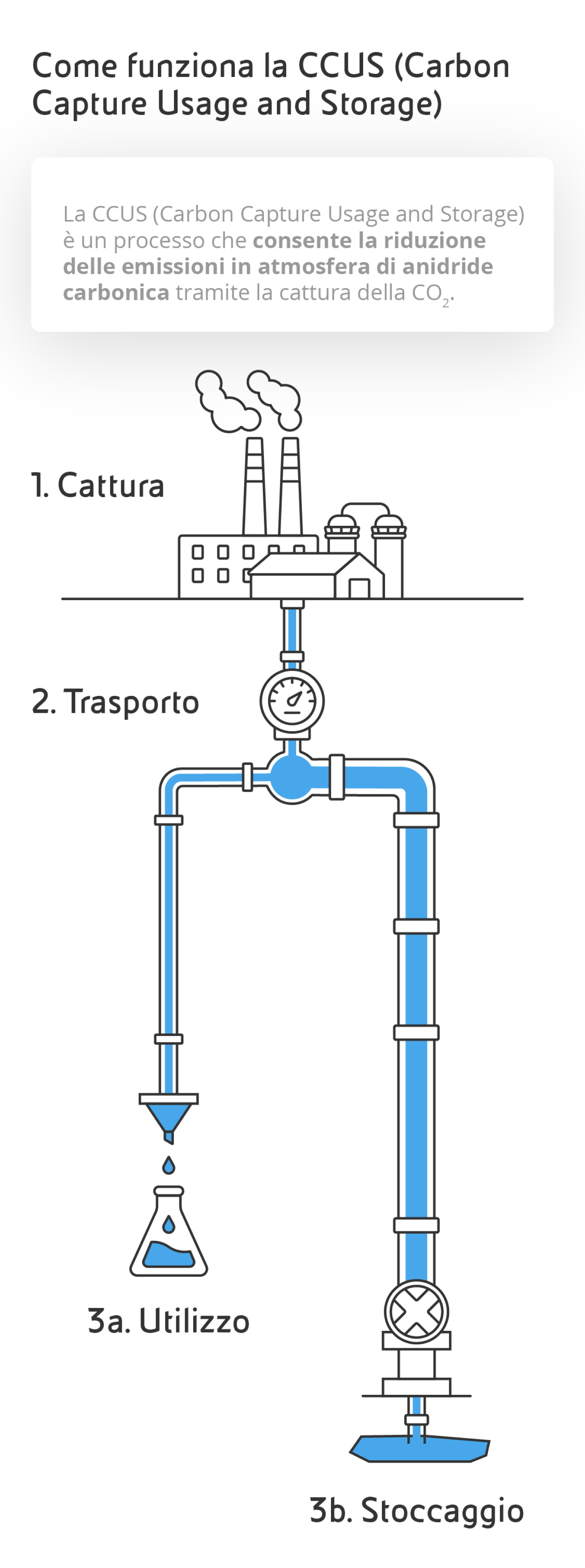 Come funziona la CCUS. Infografica che riassume le tre fasi del processo: 1 cattura, 2 trasporto 3a utilizzo 3b stoccaggio della CO₂