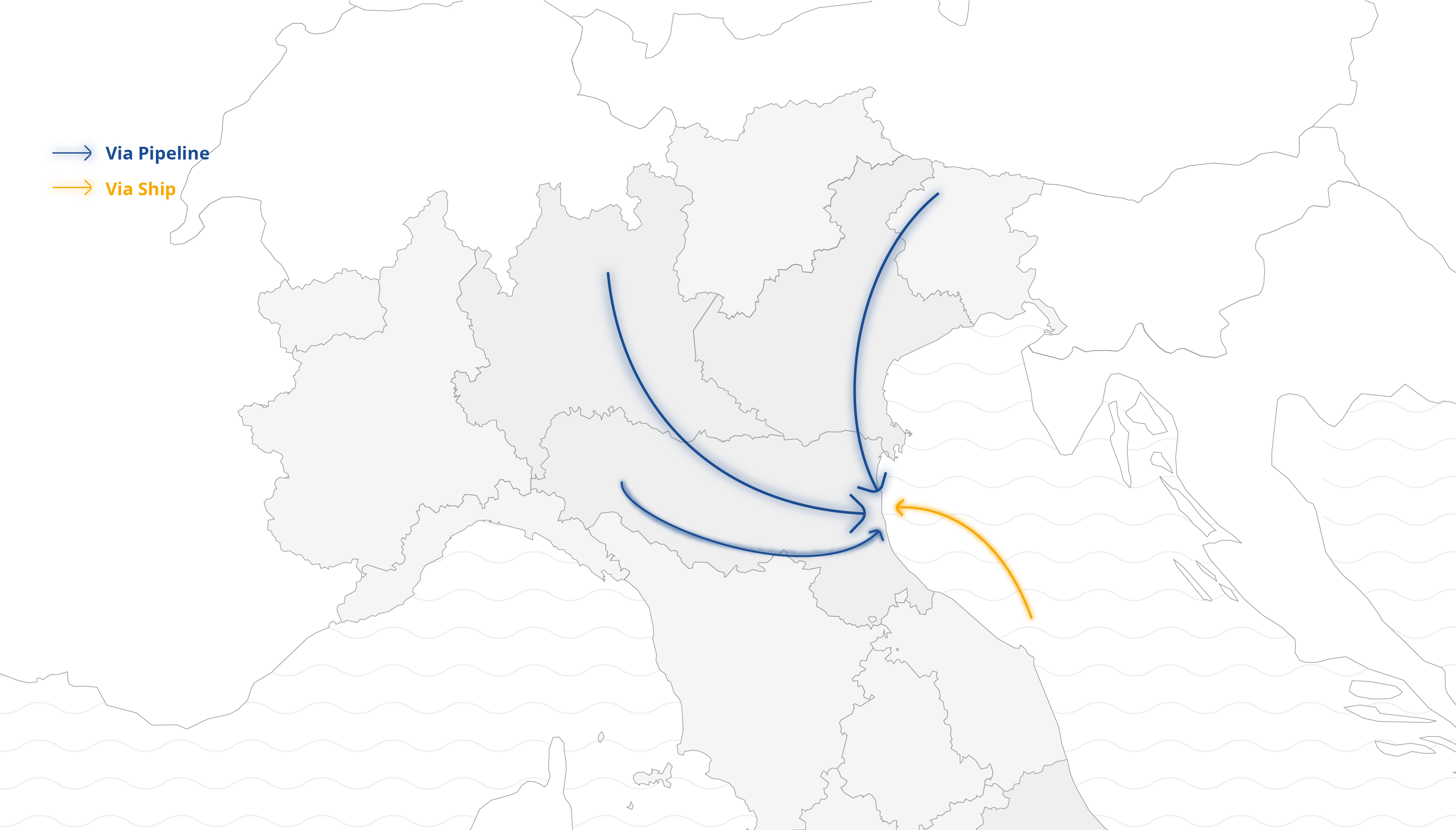 Northern Italy map showing transport routes: two pipe routes from northern Italy to Ravenna, one ship route from the south converging on Ravenna